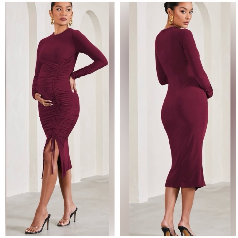 Club L London Berry Long Sleeved Split Maternity Midi Dress 6